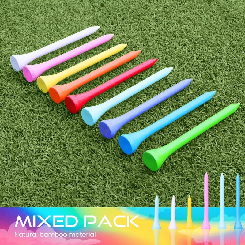 EWILLING Store Golf Tees Multiple Colors Mixed Size Package, 100pcs Professional Bamboo/Wood Golf Tees, Size 3-1/4", 2-3/4" & 1-1/2" Reduce Friction and Resistance - Image 3